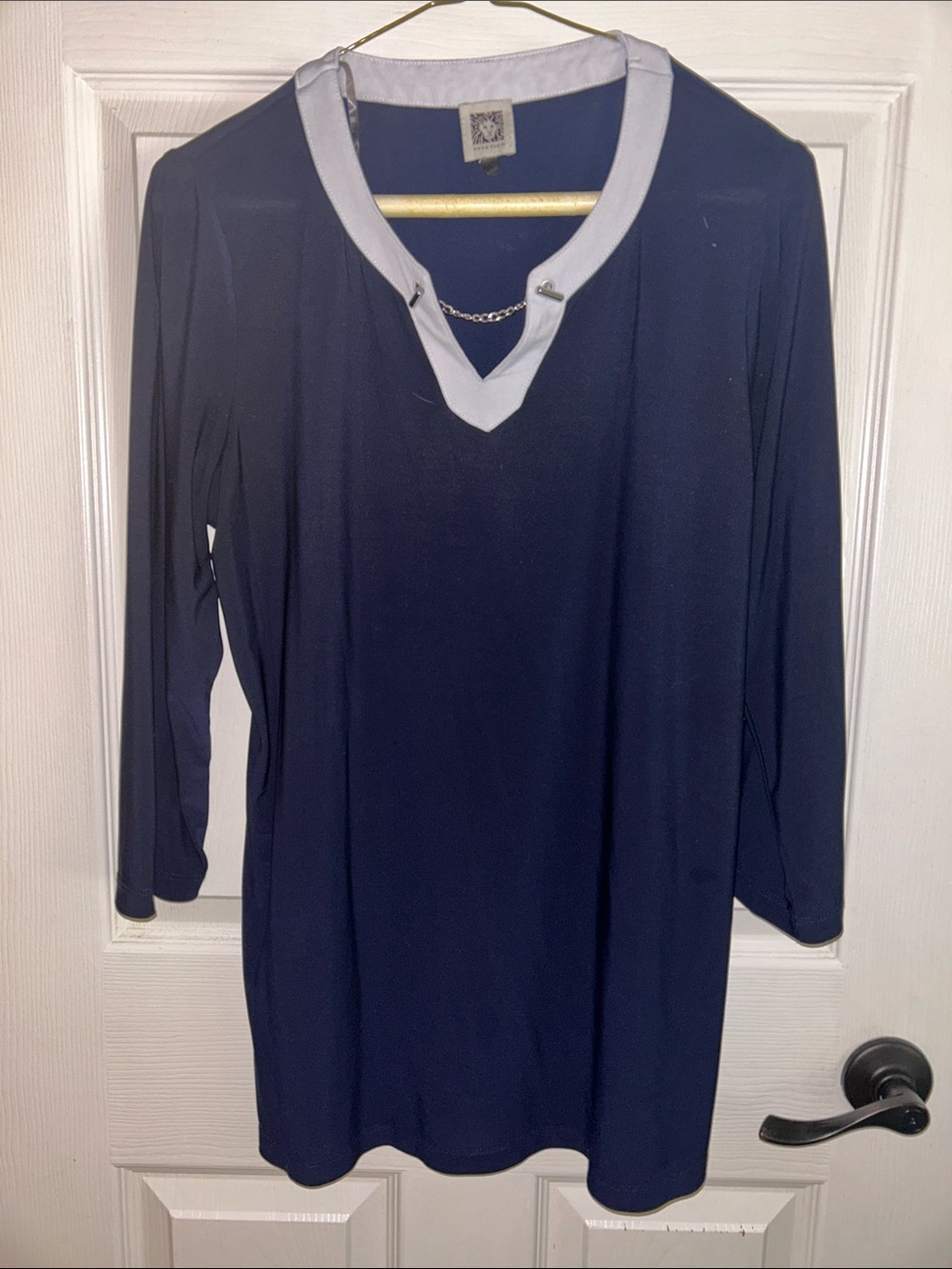 Anne Klein Navy Blue Tunic Top with Light Gray Trim